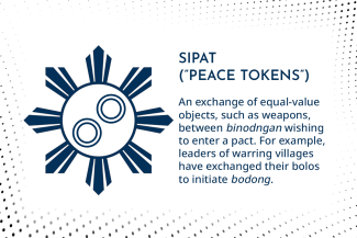 SIPAT  (”PEACE TOKENS”): An exchange of equal-value objects, such as weapons, between binodngan wishing to enter a pact. For example, leaders of warring villages have exchanged their bolos to initiate bodong.