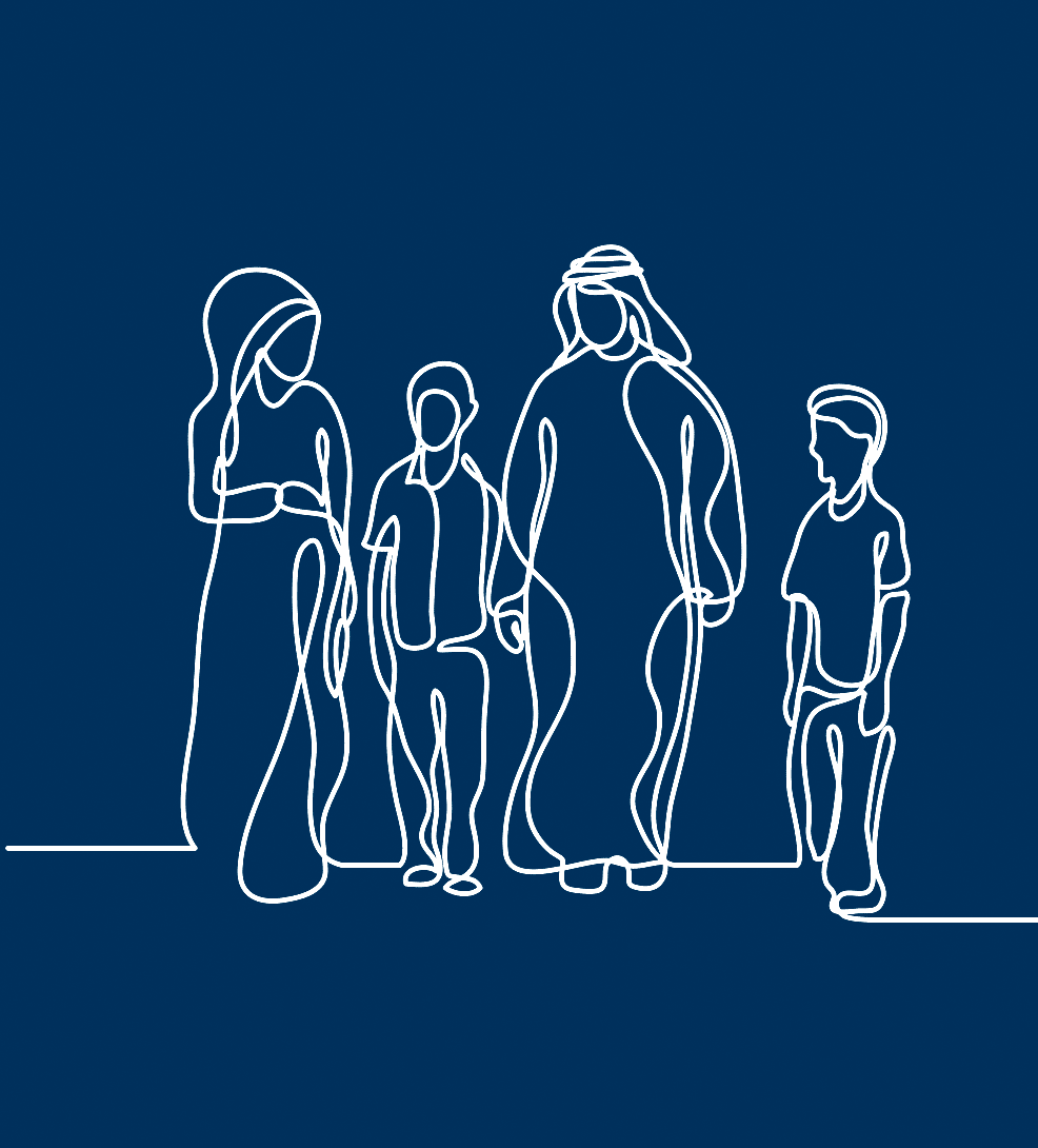 Line drawing of Islamic man, woman, and two children