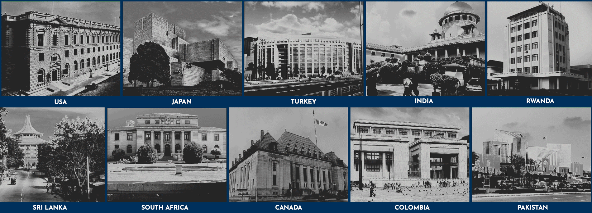 Collage of courthouses from San Francisco, Japan, Turkey, Rwanda, Sri Lanka, South Africa, Canada, Colombia, and Pakistan
