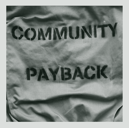 Image of a prisoner's jumpsuit saying 'community payback'