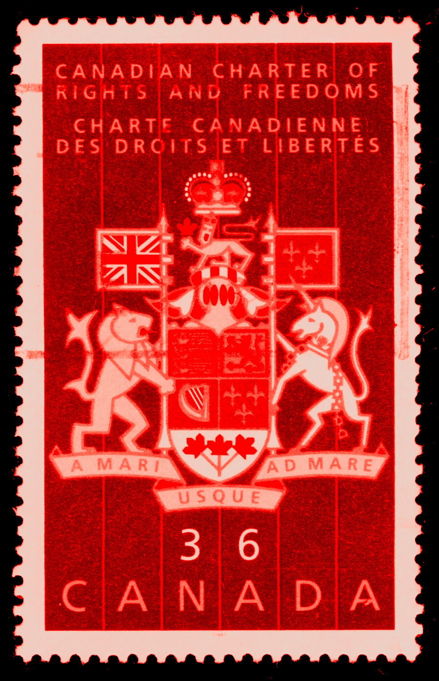 postage stamp with words canada charter of rights and freedoms and a seal
