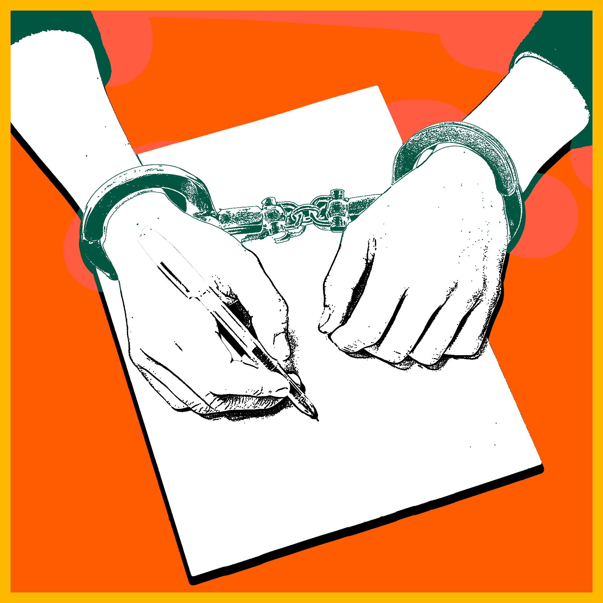 Prisoner in handcuffs signing plea bargain