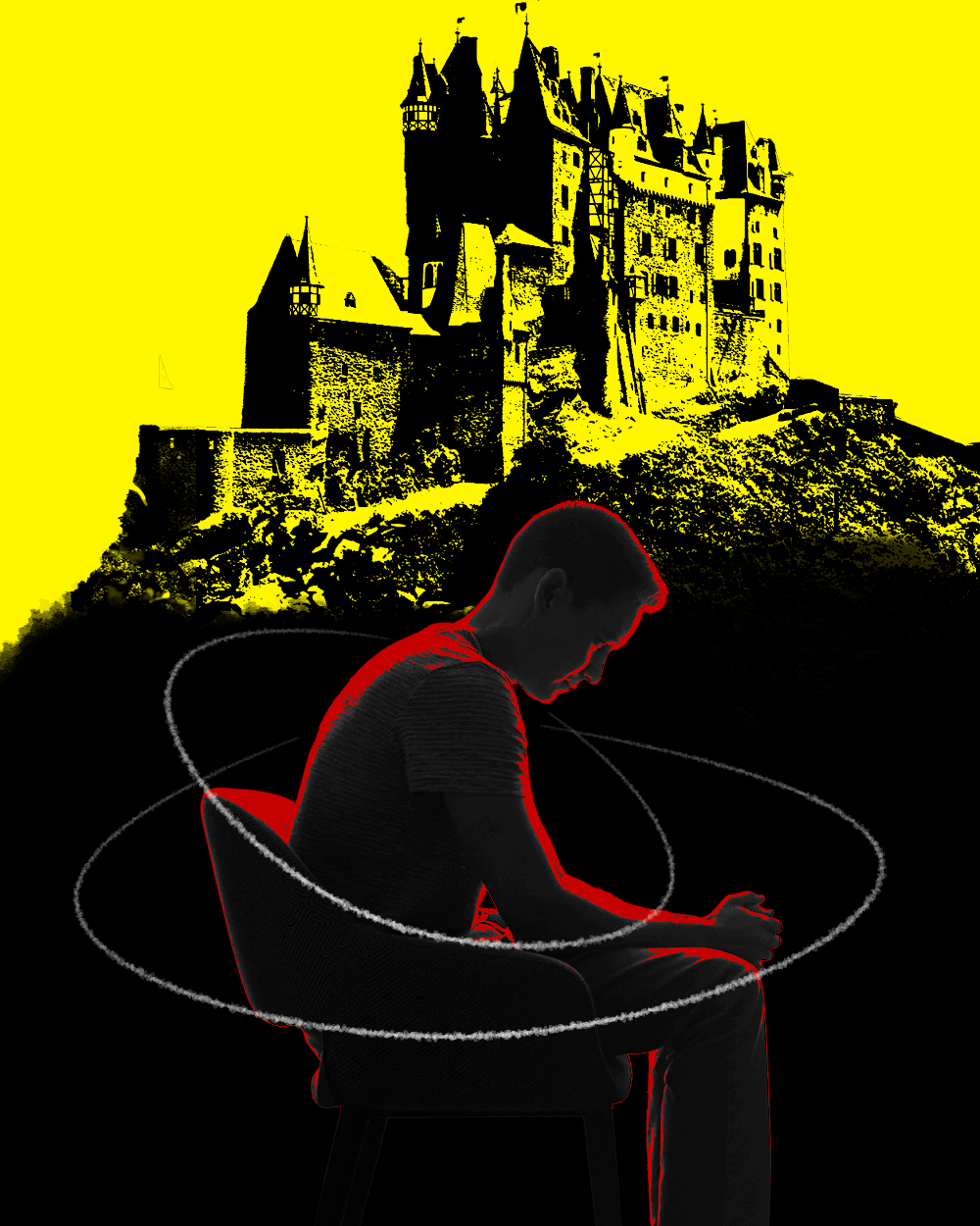 man sitting in a chair in his castle