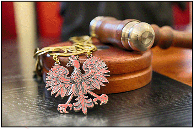 Decorative image depicting a gavel and Poland's coat of arms
