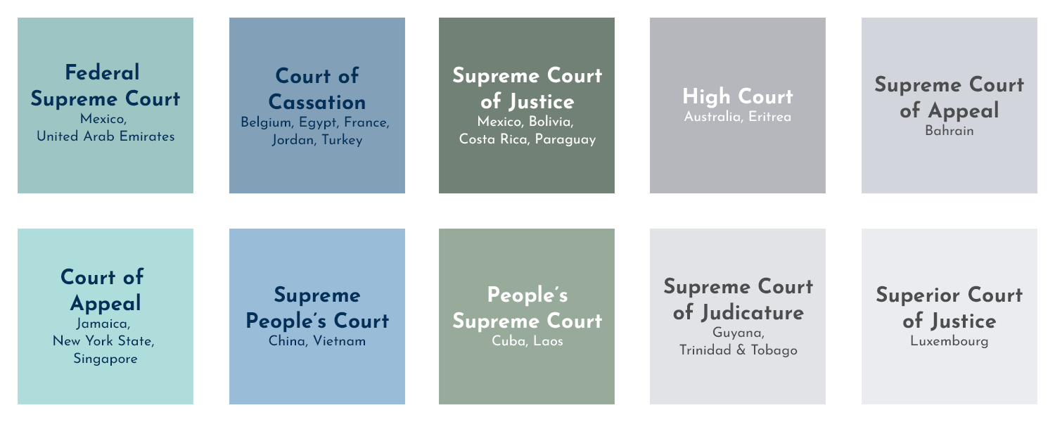 Countries have various titles for their highest courts.  For example:

Federal Supreme Court: Mexico, United Arab Emirates
Court of Cassation: Belgium, Egypt, France, Jordan, Turkey
Supreme Court of Justice: Mexico, Bolivia, Costa Rica, Paraguay
High Court: Australia, Eritrea
Supreme Court of Appeal: Bahrain
Court of Appeal: Jamaica, New York State, Singapore
Supreme People’s Court: China, Vietnam
People’s Supreme Court: Cuba, Laos
Supreme Court of Judicature: Guyana, Trinidad and Tobago
Superior Court of Justice: Luxembourg
