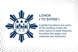 LONOK (”TO ENTER”): A gathering where one party of the bodong invites the other party to settle disputes, formalize the pagta, and celebrate the resolution.