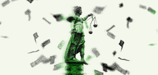 Banner for Corruption Courts - money falling around a statue 